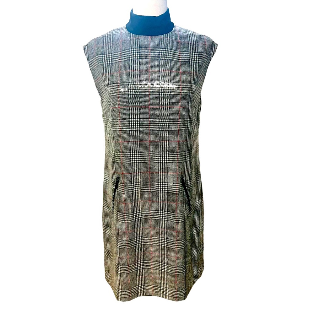 Black White & red Straight Plaid Houndstooth wbyworth sequin Dress sz 2 pockets